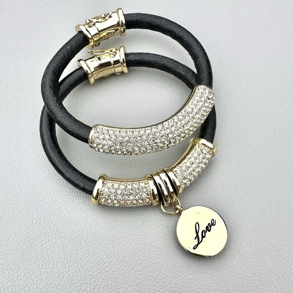 Joan Boyce Set 2 Black Leather Gold Pave Rhinestone Love Barrel-Rolled Bracelets - Picture 1 of 7